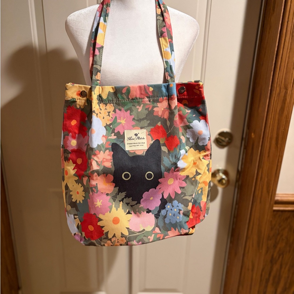 Miss Adola Floral Black Cat Tote Bag Canvas Shoulder Bag